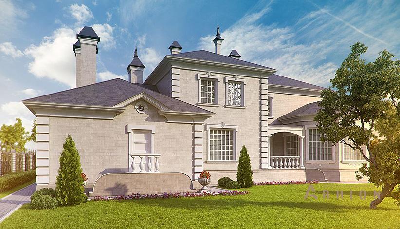 6. Проект двухэтажного дома в классическом стиле с четырехскатной, SOV-18, площадью - 536 кв c балконом, гаражом, эркером